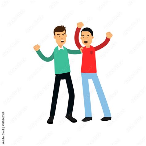 Flat Vector Illustration Of Two Angry Men In Fighting Pose Isolated On