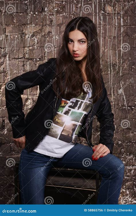 Pretty Brunette Woman In Leather Jacket Stock Photo Image Of Glamour