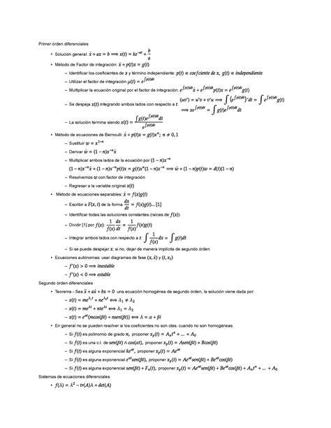 Formulario Ecuaciones Diferenciales Primer órden diferenciales