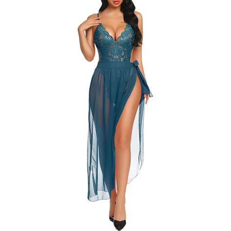 Avidlove Women One Piece Lingerie Deep V Lace Bodysuit Mosaic Lace Teddy Mesh Skirt Blue Green