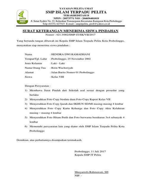 Detail Contoh Surat Penerimaan Siswa Baru Koleksi Nomer 4