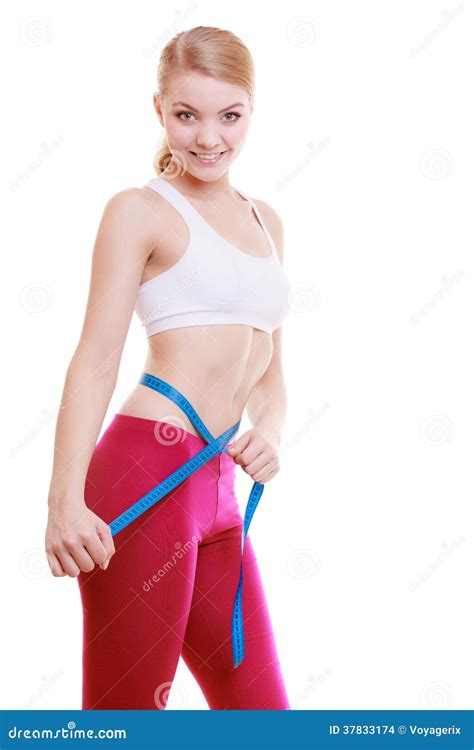 Fitness Girl Measuring Her Waistline Isolated. Weight Loss. Stock Photo ...