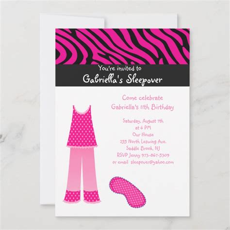 Pink Pjs Zebra Sleepover Birthday Invitation Zazzle