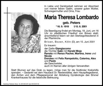 Traueranzeigen Von Maria Theresa Lombardo Trauer Bz