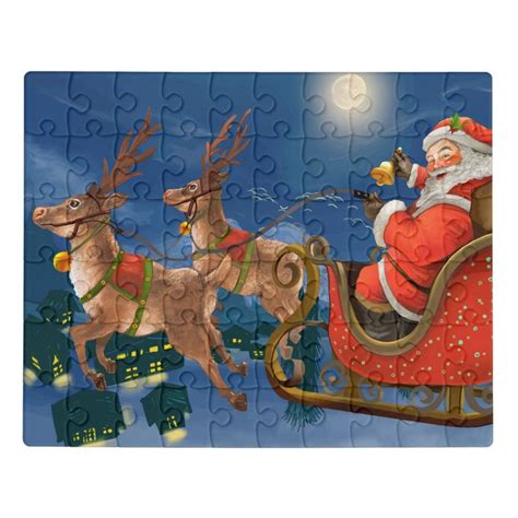 Reindeer Pulling Santa Claus Sleigh Christmas Jigsaw Puzzle Zazzle