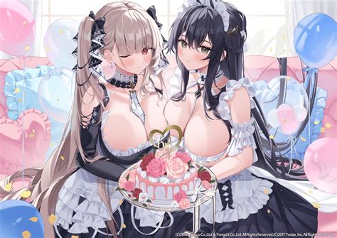 2girls Anthropomorphism Apron Azur Lane Black Hair Blush Bow Breasts