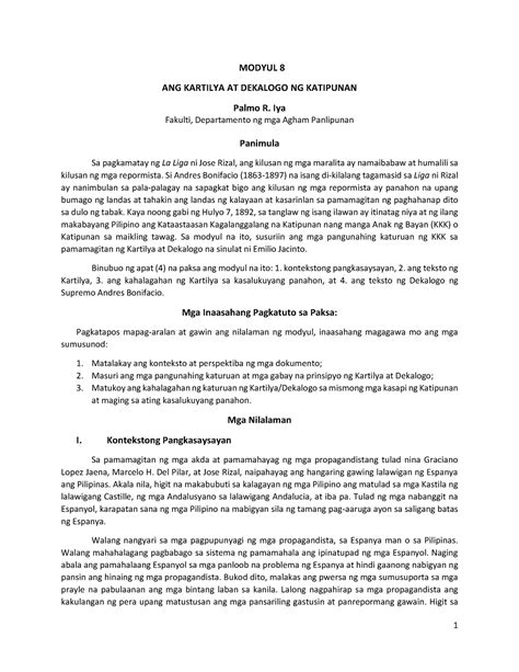 Modyul 8 Katipunan Kartilya Modyul 8 Ang Kartilya At Dekalogo Ng