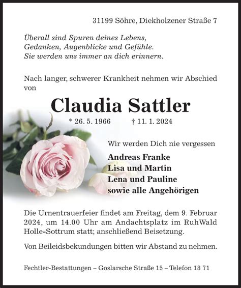 Traueranzeigen Von Claudia Sattler Trauerportal Hildesheimer