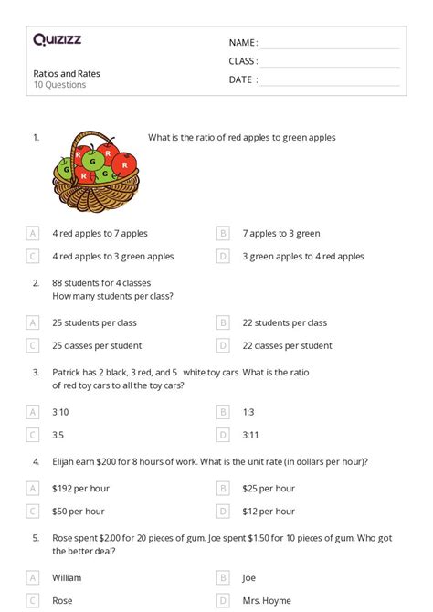 Ratios And Rates Worksheets For Th Grade On Quizizz Free