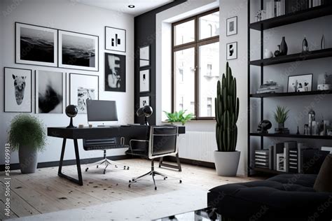 A modern office with a minimalist white and black color scheme ...