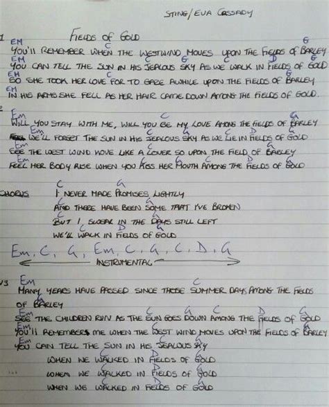 Song Lyrics And Chords For Fields Of Gold By Sting