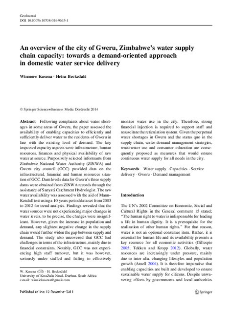 Pdf An Overview Of The City Of Gweru Zimbabwes Water Supply Chain