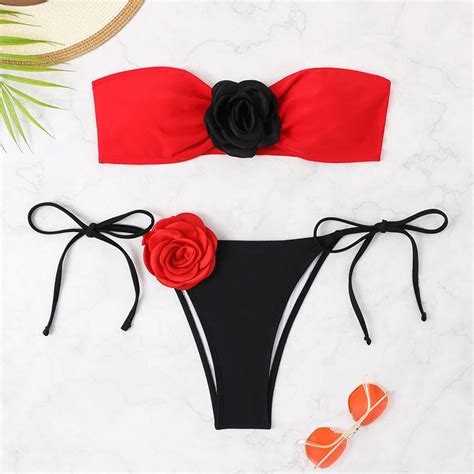 Womens 2 Pieces Swimsuit 3D Flower Bandeau Bikini Tie Side Triangle