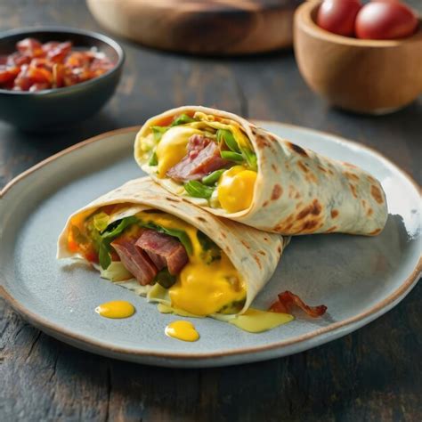 Premium Photo Scrambled Eggs Cheese And Bacon Or Sausage Wrapped In A Soft Tortilla