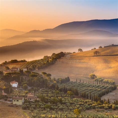 Morning Fog Over Tuscany Landscape Italy Stock Image Image Of Green