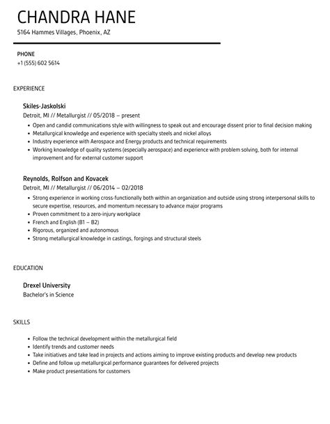 Metallurgist Resume Samples | Velvet Jobs