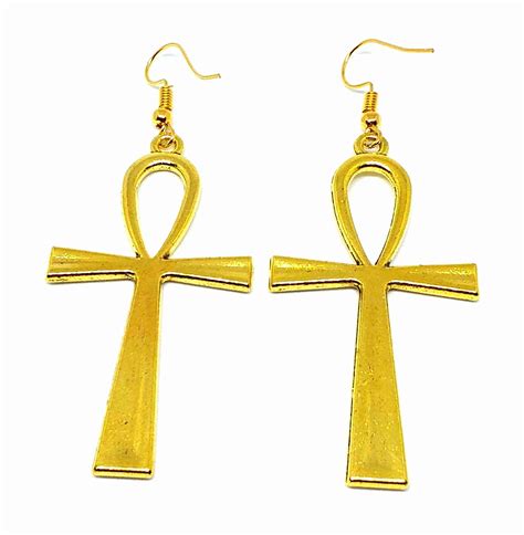 Ancient Egyptian Ankh Gold Drop Cross Earrings