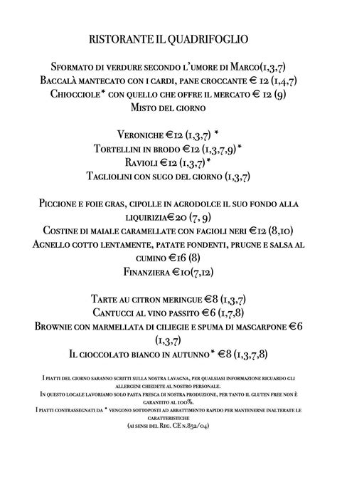 Menu Da Ristorante Il Quadrifoglio Carcare