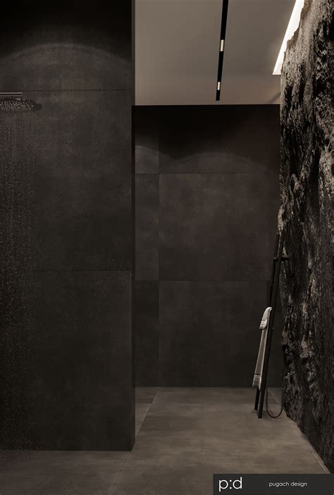 Dark bedroom with a stone wall on Behance