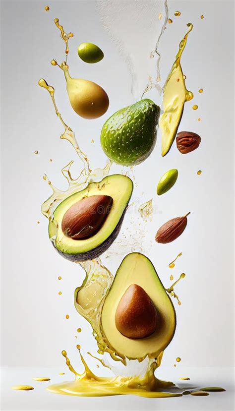 Group Of Green Avocados Fruit Creatively Falling Dripping Flying Or