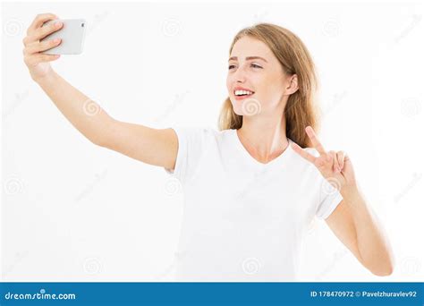 Cute Woman In Dress Taking A Selfie Isolated On White Background Copy