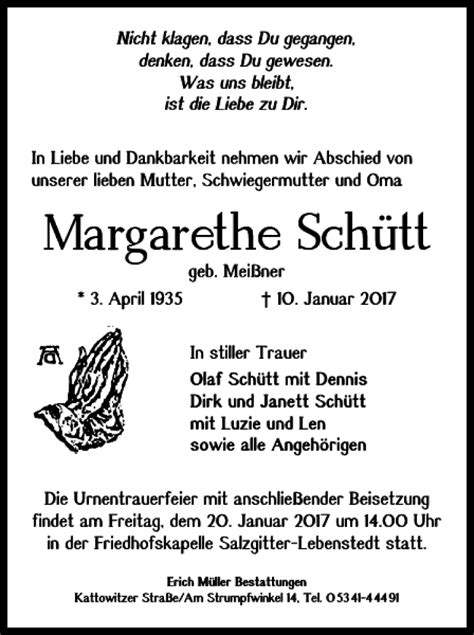 Traueranzeigen von Margarethe Schütt trauer38 de