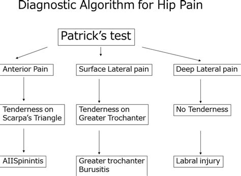 Flowchart of diagnosis based on the pain site of Patrick's test ...