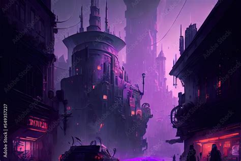 Cyberpunk Purple Fantasy Art City Fantasy City Concept Art Stock