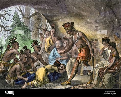 John Smith saved by Pocahontas at Jamestown in Virginia Colony 1607 ...