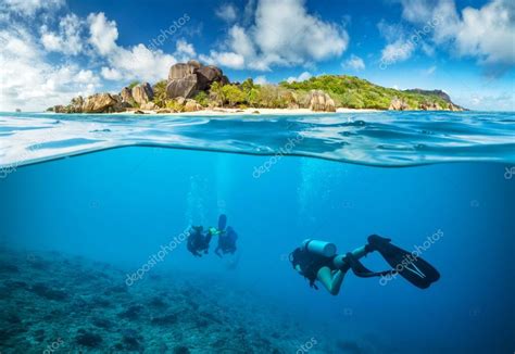 Divers Below The Surface In Seychelles Stock Photo By Jag Cz 127776758