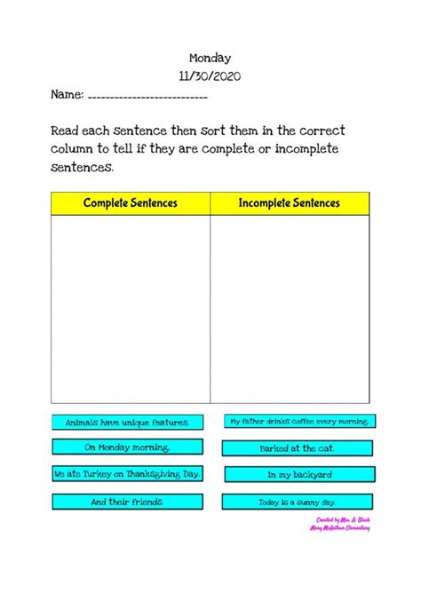 Complete Vs Incomplete Sentences Worksheet