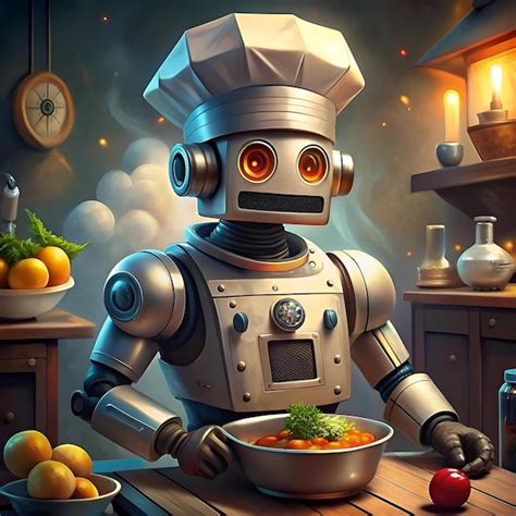 charming robot chef complete   white toque serves  delicious