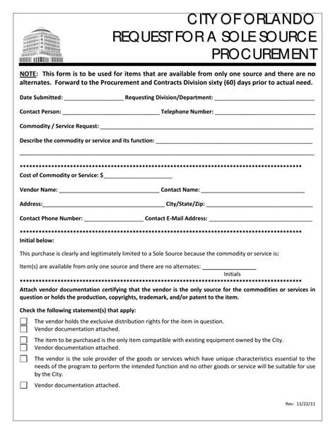 City Of Orlando Florida Request For A Sole Source Procurement Fill