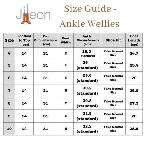 Size Chart Ankle Wellies – Jileon Wellies