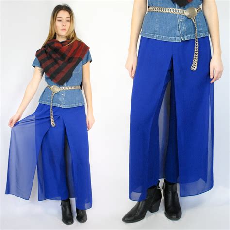 90s Cobalt Blue Palazzo Pants With Sheer Panels 28 Inch Waist Sheer Blue Pants Black Tie