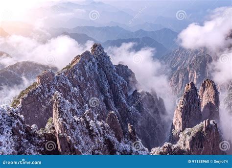 Sunrise Above the Peaks of Huangshan National Park. Stock Photo - Image ...