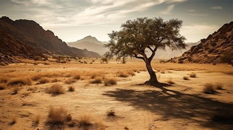 Premium AI Image A Desert Landscape With A Tree In The Foreground And