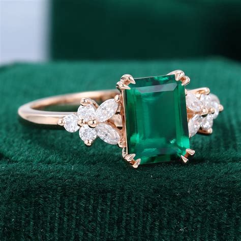 K Rose Gold Emerald Cut Emerald Engagement Ring For Women