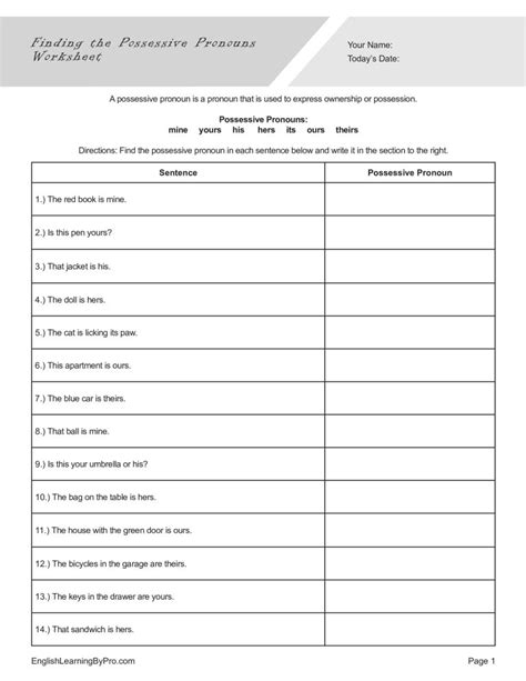 Finding The Possessive Pronouns Worksheet Editable Fillable