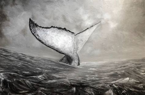 Whale Tail Noir Black And White Monochrome Original Oil Painting Of