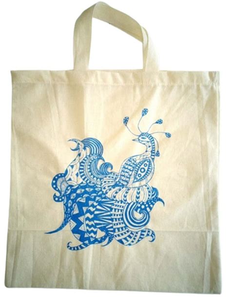 Cream And Blue Jute Printed Thamboolam Loop Handle Bag For Shopping