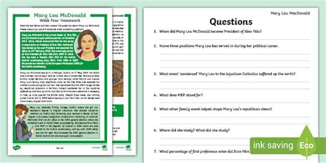 Mary Lou Macdonald Comprehension Activity Week Four Homework