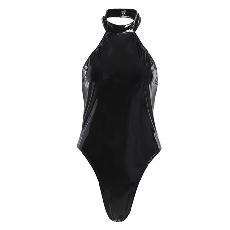 Women One Piece Patent Leather Halter Bodysuit Jumpsuit Lingerie