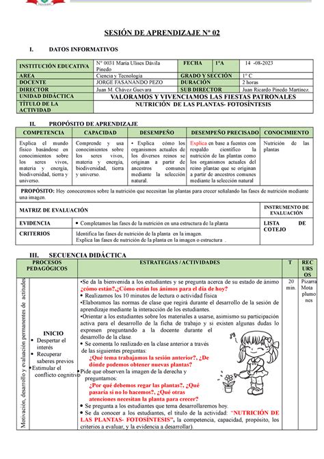 Sesión N 2 Nutrición DE LAS Plantas SESIÓN DE APRENDIZAJE Nº 02 I