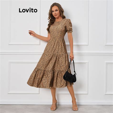 Lovito Casual Vestido Feminino De Bolinhas Camadas E Manga Bufante