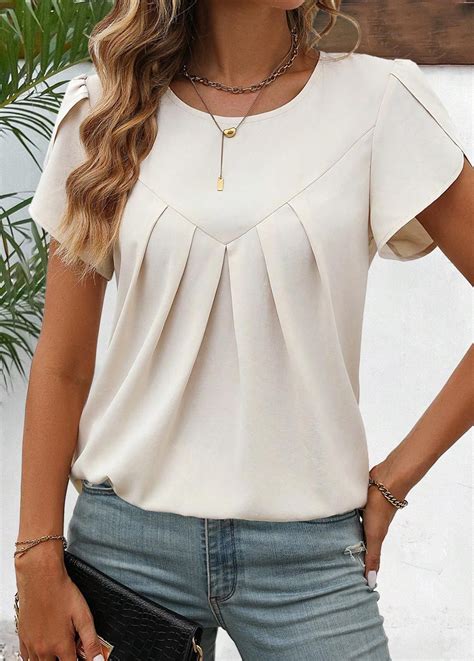 ROTITA Pleated Beige Round Neck Short Sleeve Blouse Trendy Fashion