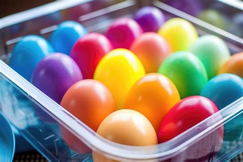 Huevos de Pascua de colores arcoíris en una caja de plástico Foto Premium