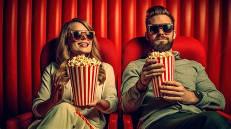 Pair Enjoying A Comedy Film With 3d Glasses And Popcorn Background ...