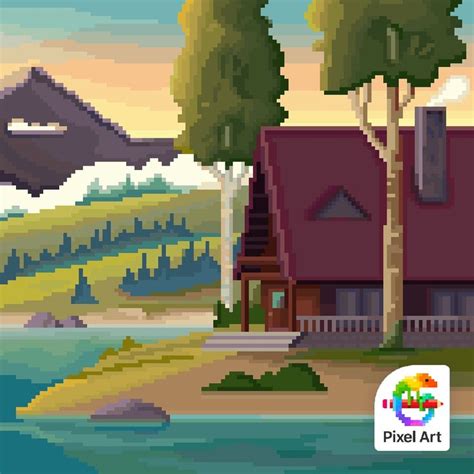 An Image Of A Pixel Art House By The Water With Mountains In The