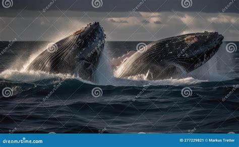 A Pair Of Impressive Humpback Whales Breaching The Surface Of An Ocean